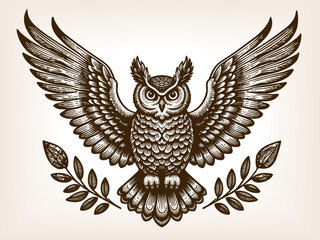 Obraz premium owl with detailed feathers and wings outstretched, symbolizing wisdom, mystery, and strength sketch engraving generative ai vector illustration. Scratch board imitation. Black and white image.
