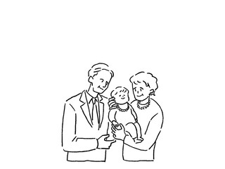 赤ちゃんを抱っこするおじいさんとおばあさん、線画
