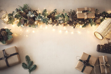 Christmas background with festive decorations &mdash; glowing lights, ornaments, Christmas tree branches, gifts