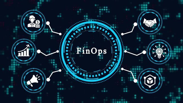 FINOPS writing business and technology concept, virtual display and network strategy, profit growth – digital finance and business technology network animation. Smart Business concept video