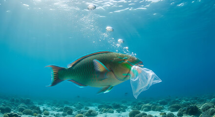 Obraz premium Fish eating plastic bag underwater, symbolizing marine pollution and environmental danger