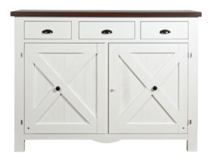 Whitewashed wooden cabinet with three drawers and two doors, featuring a rustic X-shaped design on the doors