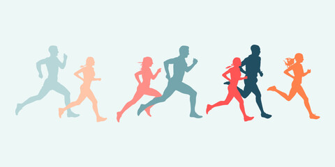 Marathon run. Group of running people, men and women. Isolated vector silhouettes