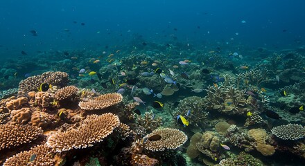 Fototapeta premium Underwater scene showing a vibrant coral reef with many colorful fish swimming around in the ocean water