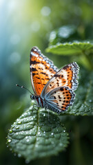 Obraz premium Colorful butterfly on green leaf with dew drops, macro photography