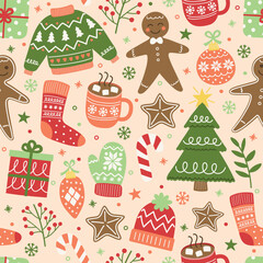 Christmas seamless pattern with hand drawn elements. Vector illustration
