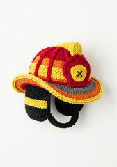 Hand-knitted firefighter helmet, a charming and colorful accessory for imaginative play