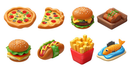 Delicious fast food icons including pizza, burgers, hot dogs, fries, and fish create vibrant and appetizing visual. Perfect for food related designs and projects
