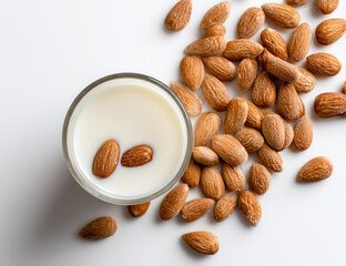 Glass of milk with almonds scattered around creates wholesome and nutritious scene. creamy texture of milk complements crunchy almonds, making it appealing snack option