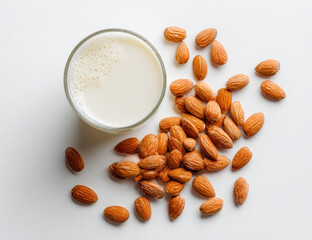 Glass of milk sits beside generous pile of almonds, showcasing healthy and nutritious snack option. creamy texture of milk contrasts beautifully with crunchy almonds, creating inviting scene