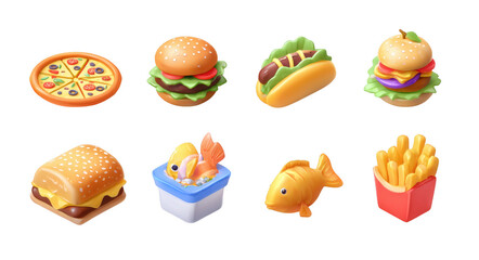 Delicious fast food icons including pizza, burgers, hot dogs, and fries create fun and appetizing visual. Perfect for food related projects or menus