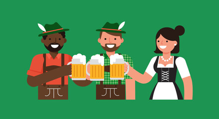 A vibrant flat design vector illustration of a happy and diverse group of friends in traditional Bavarian attire, raising their beer steins in a festive toast, perfectly capturing the spirit