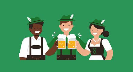 A vibrant flat design vector illustration of a happy and diverse group of friends in traditional Bavarian attire, raising their beer steins in a festive toast, perfectly capturing the spirit