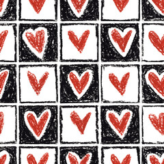 Seamless pattern with red hearts in black and white squares. Oil pastel hand-drawn design. Bold and playful.
