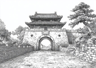 Detailed illustration of ancient Chinese city gate, showcasing intricate architectural features and surrounding landscape. scene evokes sense of history and cultural significance