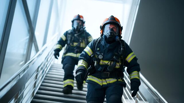 Two firefighters in full gear climb a staircase as part of a training exercise. Their teamwork and preparedness showcase their dedication to public safety in a city environment