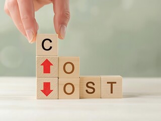 Hand stacks wooden blocks spelling cost with upward and downward arrows indicating price changes
