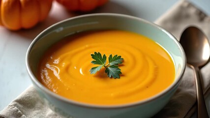 Pumpkin cream soup in rustic bowl with fresh herb garnish and spoon on linen napkin, cozy autumn comfort food concept - Powered by Adobe