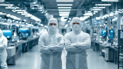 Two scientists wear cleanroom suits and masks as they stand confidently in a high-tech laboratory. The environment is organized with advanced equipment all around them - Powered by Adobe