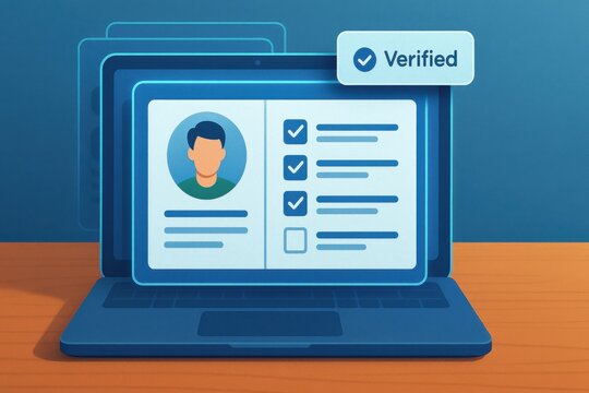 Verified user profile with checklist on digital identity interface viewed on laptop screen
