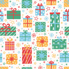 Colourful hand drawn presents background. Christmas seamless texture. Banner. Vector illustration