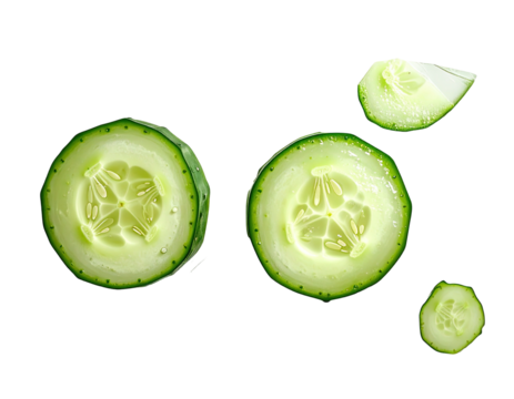 Two cucumber slices, top view, with additional slices scattered, vibrant green