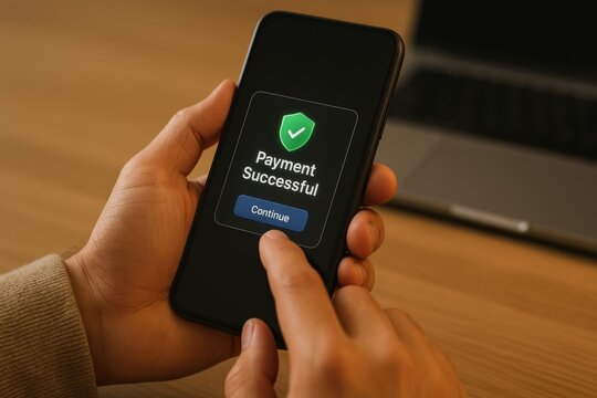 Payment successful screen with green check icon displayed on smartphone after transaction
- Powered by Adobe