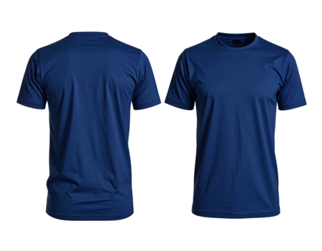 Front and back view of a deep blue, blank t-shirt