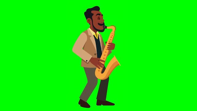 A bearded African American man, a street musician, plays the saxophone.  Cartoon style, isolated on green screen, chroma key, footage, mockup, loop.
