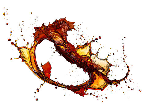 Dynamic brown liquid splash, radiating outwards from a central point, against a black background. Complex shapes and textures show the force and movement of the fluid