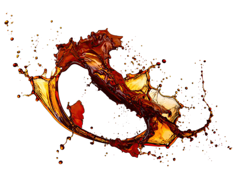 Dynamic brown liquid splash, radiating outwards from a central point, against a black background.  Complex shapes and textures show the force and movement of the fluid