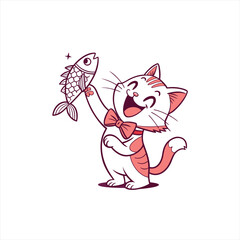 Happy cartoon cat wearing a bow tie holding a fish