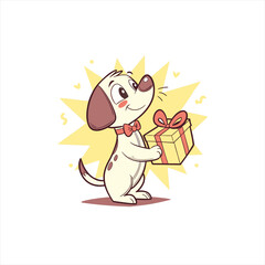 Cute cartoon dog wearing a bow tie holding a gift box