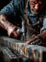 craftsman drilling with sparks (close-up)