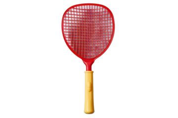 Red Plastic Racket with Yellow Handle Isolated on Black Background Sports Equipment Toy Game