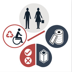  modern graphic design featuring restroom-related icons, including male and female figures, a wheelchair symbol, and toilet