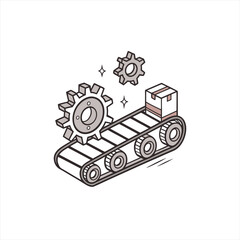 Automated production line with gears and a box on a conveyor belt