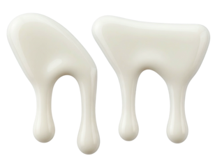 Two dripping, stylized milk or cream blobs resemble teeth