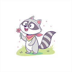 Cute cartoon raccoon holding a pink flower and wearing a colorful scarf