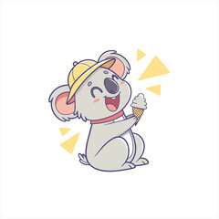 Cute cartoon koala wearing a hat eating ice cream