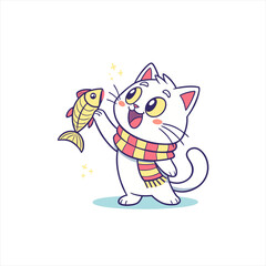 Cute cartoon white cat wearing a scarf holding a fish