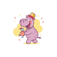 Cute cartoon hippo wearing a hat holding a doll