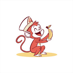 Cute cartoon monkey wearing a hat and holding a banana