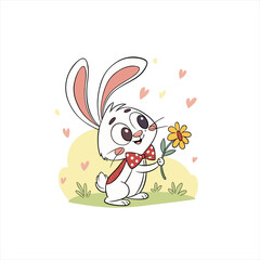 Cute cartoon bunny holding a flower and wearing a bow tie