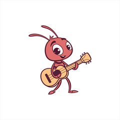 Cute cartoon ant playing a guitar with a happy expression