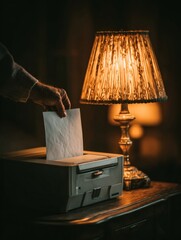 hand inserting paper into home printer beside warm lamp