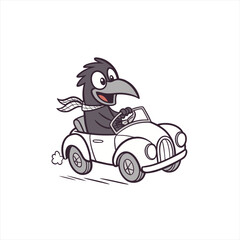 Happy cartoon crow driving a convertible car with a scarf