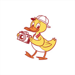 Cute cartoon duckling wearing a cap and scarf holding a camera