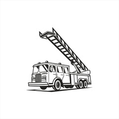 Black and white illustration of a fire truck with an extended ladder