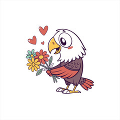 Cute cartoon eagle holding a bouquet of flowers and hearts